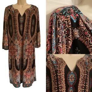 AUW Paisley Knee Length Dress Size 14 Boho 3/4 Sleeve Stretch